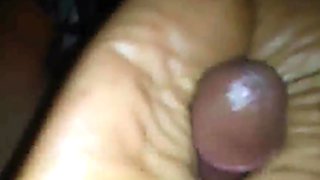 Black babe gives footjob with happy end