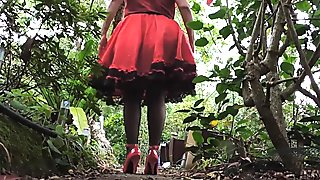 Sissy Ray in Red Sissy Dress outdoors 3a